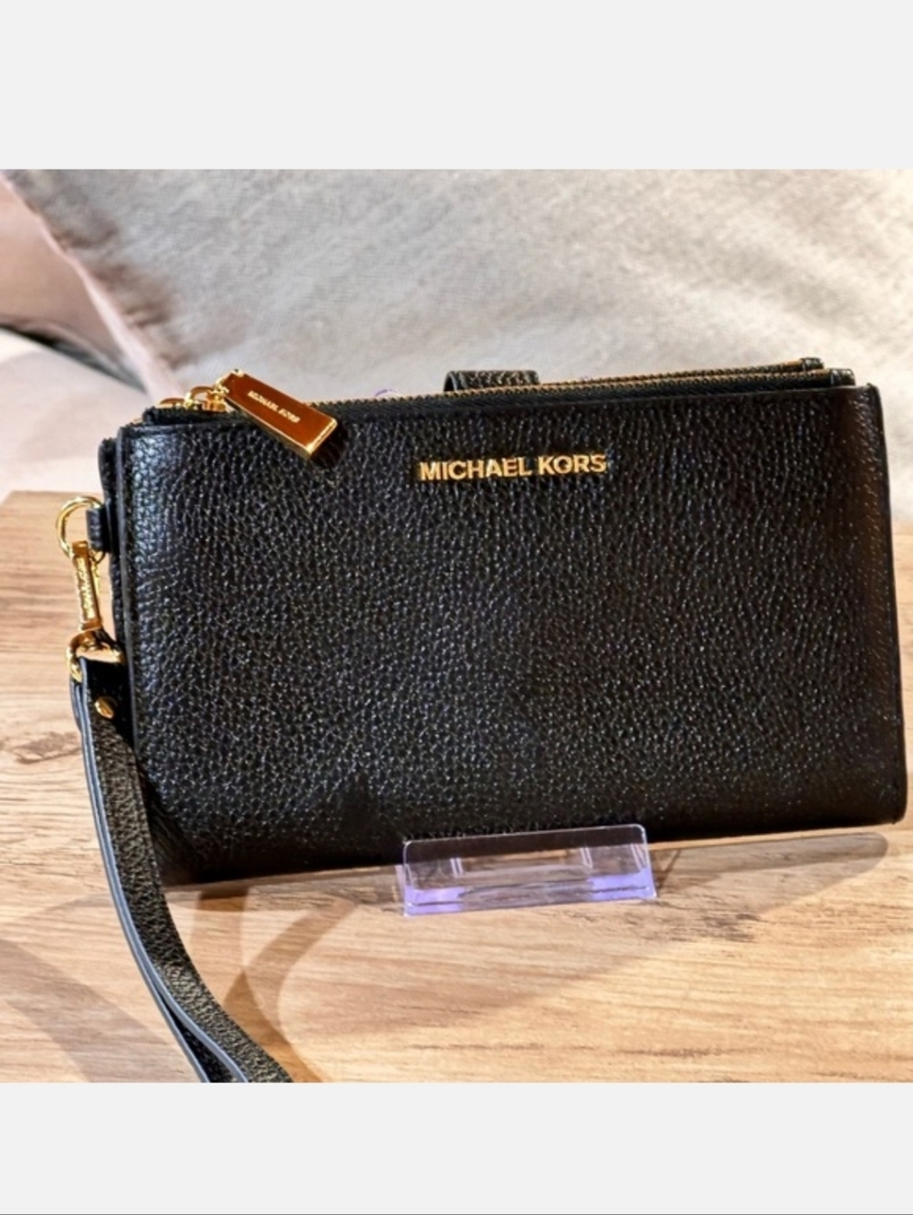 Michael Kors Jet Set Adele Black Leather Double Zip Wallet with Gold Hardware